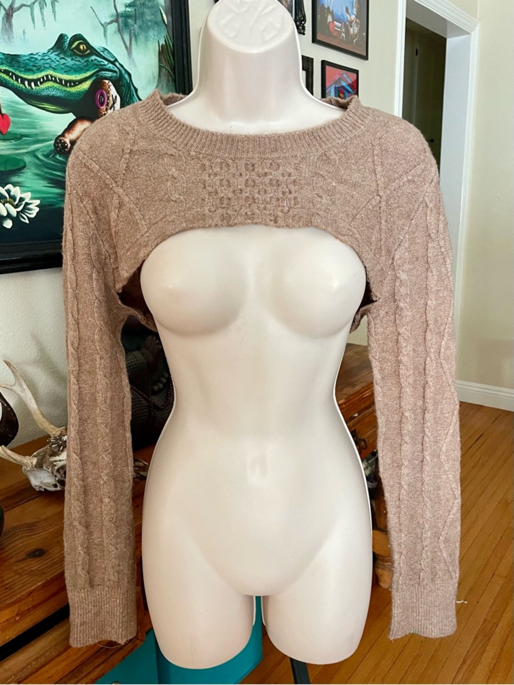2 Knit Cropped Bolero Shrugs Green & Beige Small